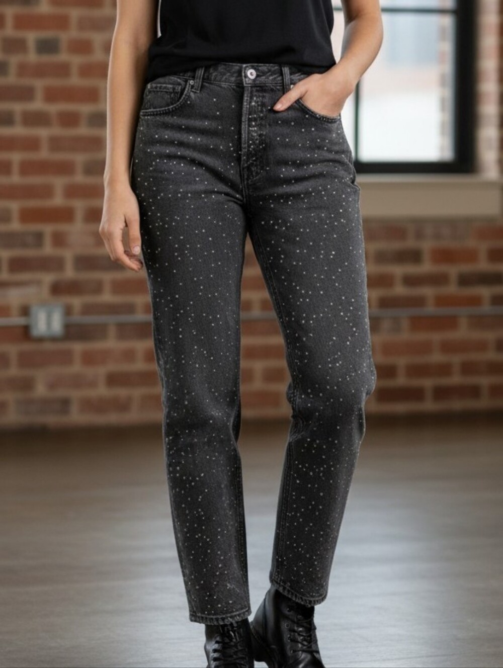 Zara ZW Collection Straight Cut Mid Rise Rhinestone Jeans Charcoal Gray